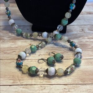 Vintage Hand Made Glass Beads & other Green White Beaded Necklace Earrings Set